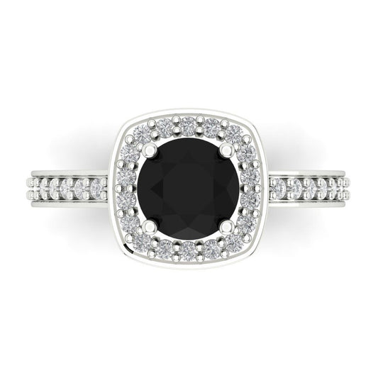 1.335 cttw Natural Onyx Solitaire with Zirconia Simulated Diamond Accents Engagement Ring - Solid White Gold (VVS1, Round Cut,6.5mm)