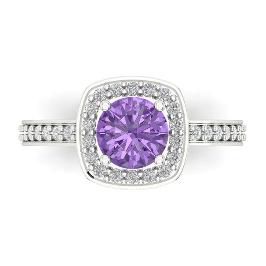 1.335 cttw Simulated Alexandrite Solitaire with Zirconia Simulated Diamond Accents Engagement Ring - Solid White Gold (VVS1, Round Cut,6.5mm)