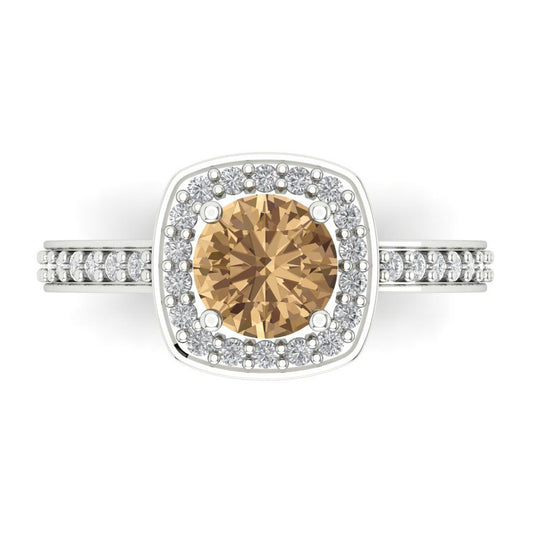 1.335 cttw Zirconia Simulated Champagne Diamond Solitaire with Zirconia Simulated Diamond Accents Engagement Ring - Solid White Gold (VVS1, Round Cut,6.5mm)