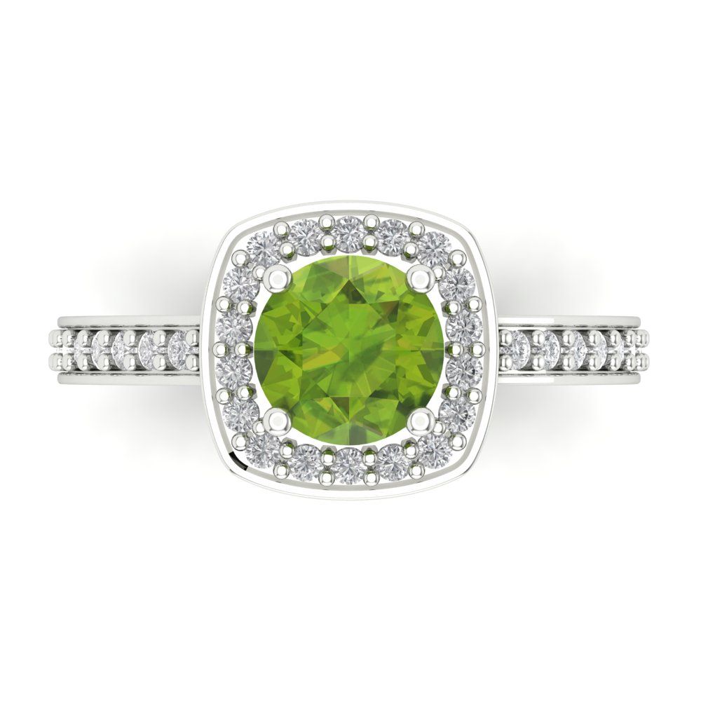 1.335 cttw Natural Peridot Solitaire with Zirconia Simulated Diamond Accents Engagement Ring - Solid Gold (Round Cut,6.5mm)