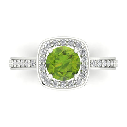 1.335 cttw Natural Peridot Solitaire with Zirconia Simulated Diamond Accents Engagement Ring - Solid Gold (Round Cut,6.5mm)
