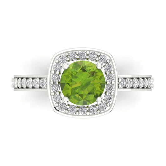 1.335 cttw Natural Peridot Solitaire with Zirconia Simulated Diamond Accents Engagement Ring - Solid White Gold (VVS1, Round Cut,6.5mm)