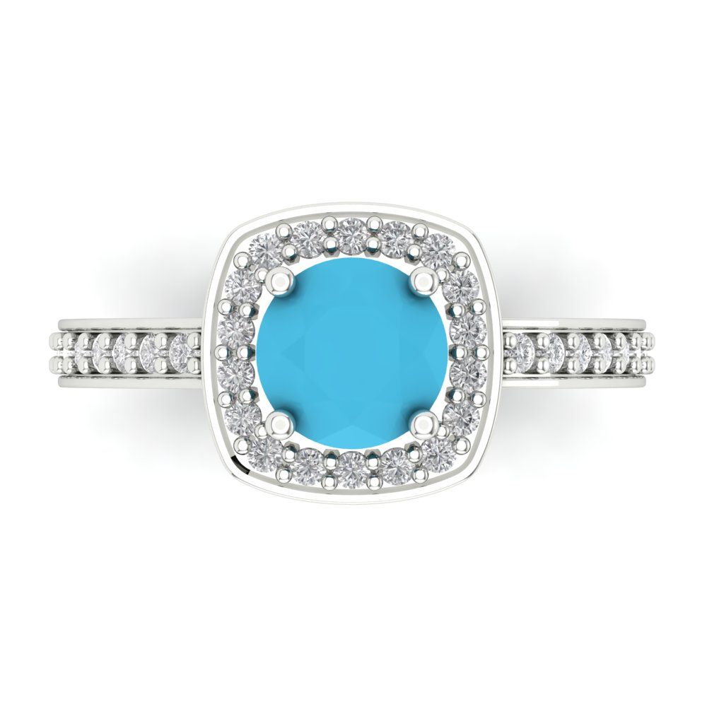 1.335 cttw Simulated Turquoise Solitaire with Zirconia Simulated Diamond Accents Engagement Ring - Solid Gold (Round Cut,6.5mm)