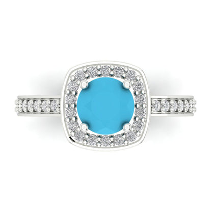 1.335 cttw Simulated Turquoise Solitaire with Zirconia Simulated Diamond Accents Engagement Ring - Solid Gold (Round Cut,6.5mm)
