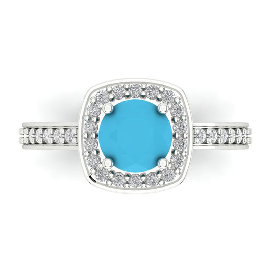 1.335 cttw Simulated Turquoise Solitaire with Zirconia Simulated Diamond Accents Engagement Ring - Solid White Gold (VVS1, Round Cut,6.5mm)