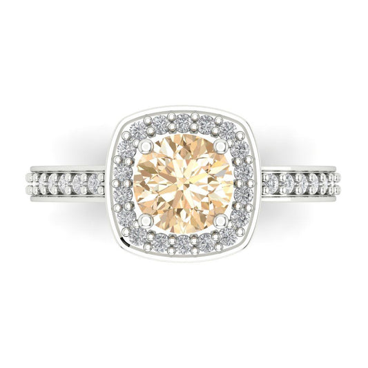 1.335 cttw Natural Morganite Solitaire with Zirconia Simulated Diamond Accents Engagement Ring - Solid White Gold (VVS1, Round Cut,6.5mm)
