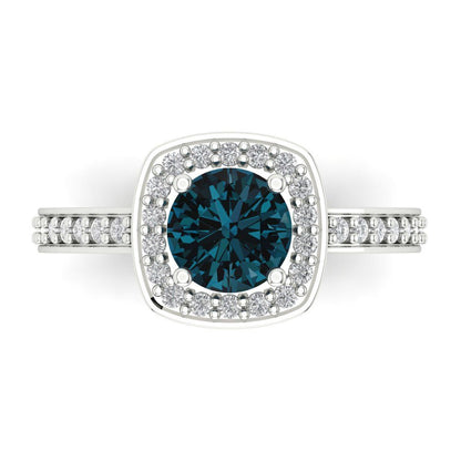 1.335 cttw Natural London Blue Topaz Solitaire with Zirconia Simulated Diamond Accents Engagement Ring - Solid Gold (Round Cut,6.5mm)