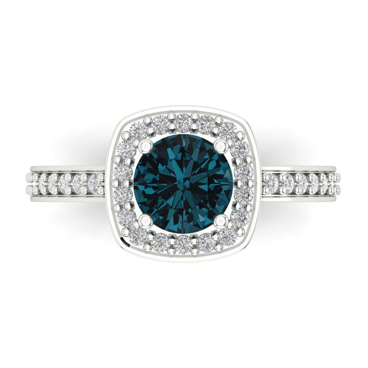 1.335 cttw Natural London Blue Topaz Solitaire with Zirconia Simulated Diamond Accents Engagement Ring - Solid White Gold (VVS1, Round Cut,6.5mm)