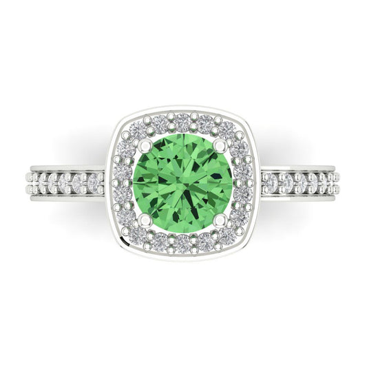 1.335 cttw Zirconia Simulated Green Diamond Solitaire with Zirconia Simulated Diamond Accents Engagement Ring - Solid White Gold (VVS1, Round Cut,6.5mm)