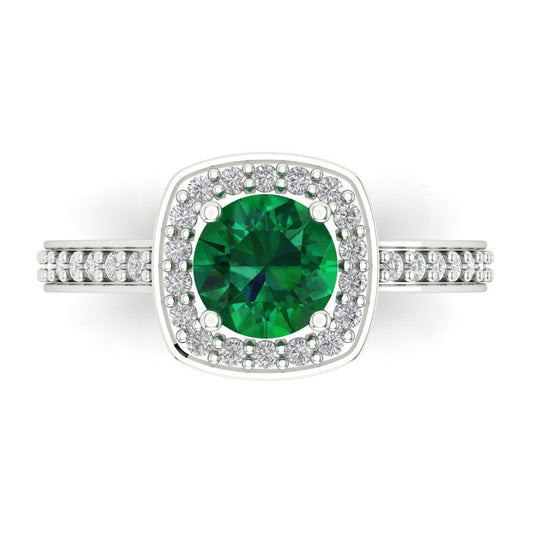 1.335 cttw Simulated Emerald Solitaire with Zirconia Simulated Diamond Accents Engagement Ring - Solid White Gold (VVS1, Round Cut,6.5mm)