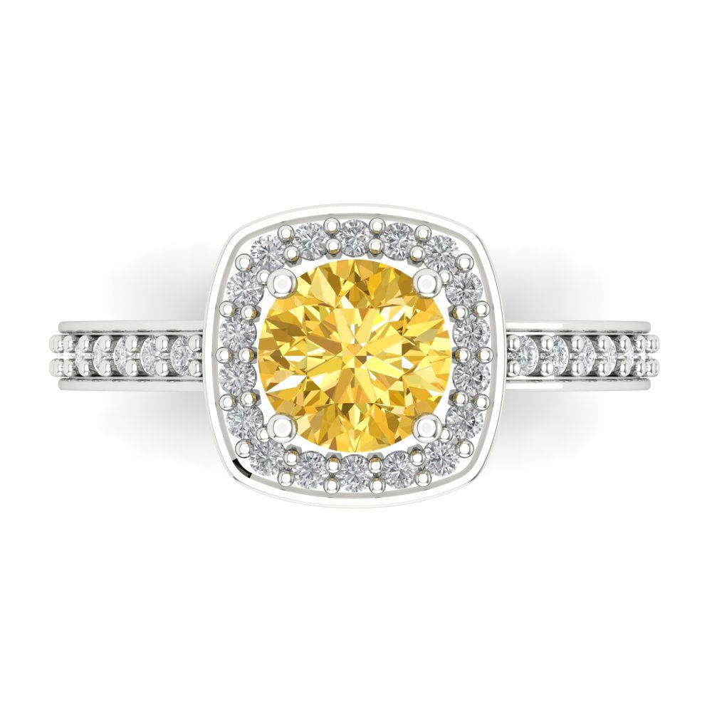 1.335 cttw Zirconia Simulated Yellow Diamond Solitaire with Zirconia Simulated Diamond Accents Engagement Ring - Solid Gold (VVS1, Round Cut,6.5mm)