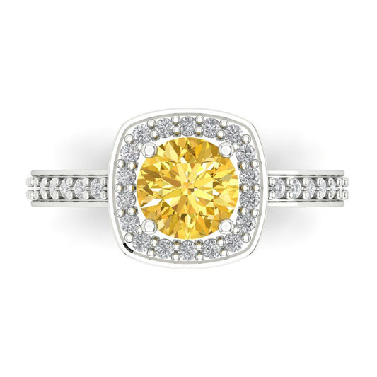 1.335 cttw Zirconia Simulated Yellow Diamond Solitaire with Zirconia Simulated Diamond Accents Engagement Ring - Solid White Gold (VVS1, Round Cut,6.5mm)