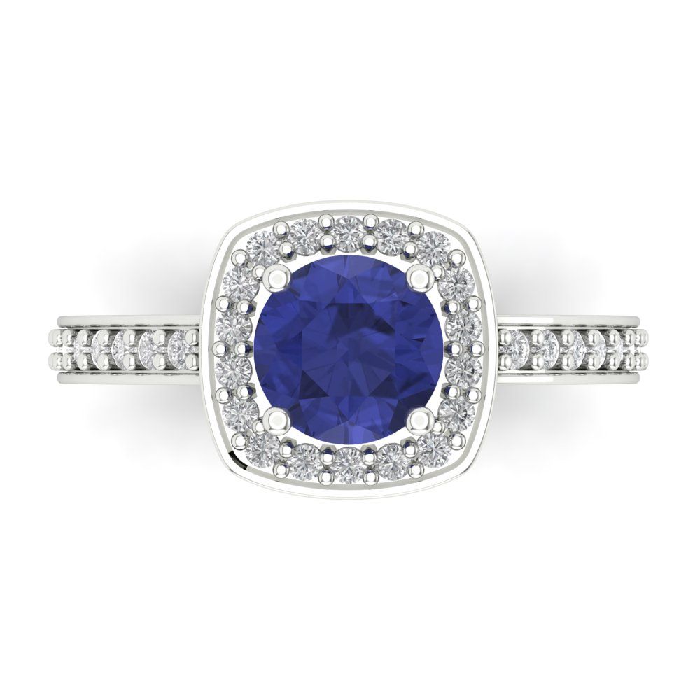 1.335 cttw Simulated Tanzanite Solitaire with Zirconia Simulated Diamond Accents Engagement Ring - Solid Gold (Round Cut,6.5mm)