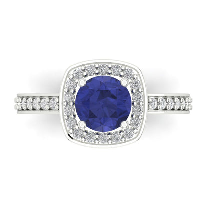 1.335 cttw Simulated Tanzanite Solitaire with Zirconia Simulated Diamond Accents Engagement Ring - Solid Gold (Round Cut,6.5mm)
