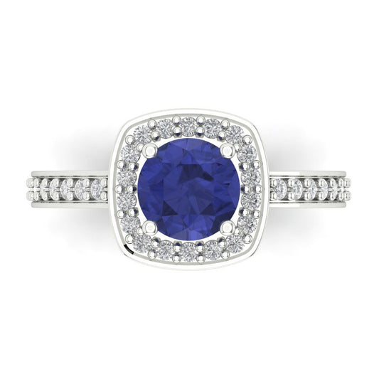 1.335 cttw Simulated Tanzanite Solitaire with Zirconia Simulated Diamond Accents Engagement Ring - Solid White Gold (VVS1, Round Cut,6.5mm)