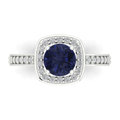1.335 cttw Simulated Blue Sapphire Solitaire with Zirconia Simulated Diamond Accents Engagement Ring - Solid Gold (Round Cut,6.5mm)