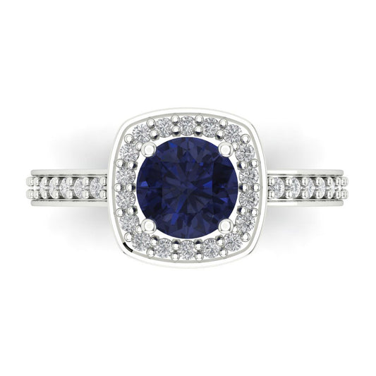 1.335 cttw Simulated Blue Sapphire Solitaire with Zirconia Simulated Diamond Accents Engagement Ring - Solid White Gold (VVS1, Round Cut,6.5mm)
