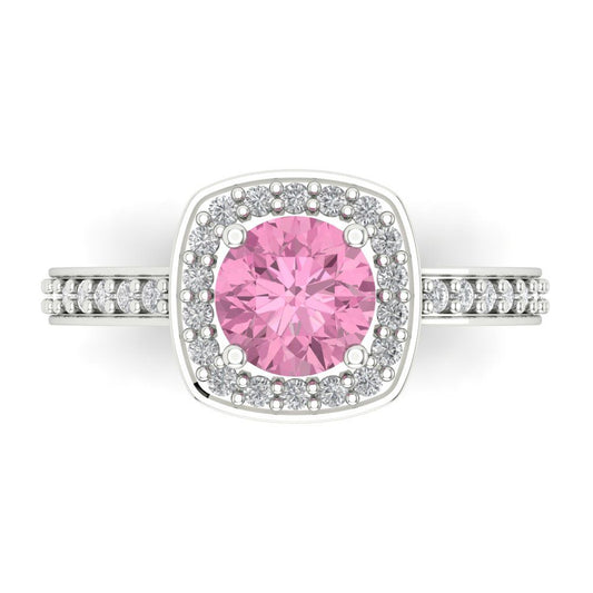 1.335 cttw Zirconia Simulated Pink Diamond Solitaire with Zirconia Simulated Diamond Accents Engagement Ring - Solid White Gold (VVS1, Round Cut,6.5mm)
