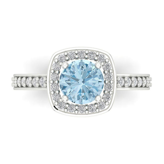 1.335 cttw Natural Sky Blue Topaz Solitaire with Zirconia Simulated Diamond Accents Engagement Ring - Solid White Gold (VVS1, Round Cut,6.5mm)