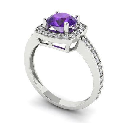 1.335 cttw Natural Amethyst Solitaire with Zirconia Simulated Diamond Accents Engagement Ring - Solid Gold (Round Cut,6.5mm)