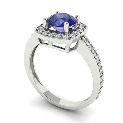 1.335 cttw Simulated Tanzanite Solitaire with Zirconia Simulated Diamond Accents Engagement Ring - Solid Gold (Round Cut,6.5mm)