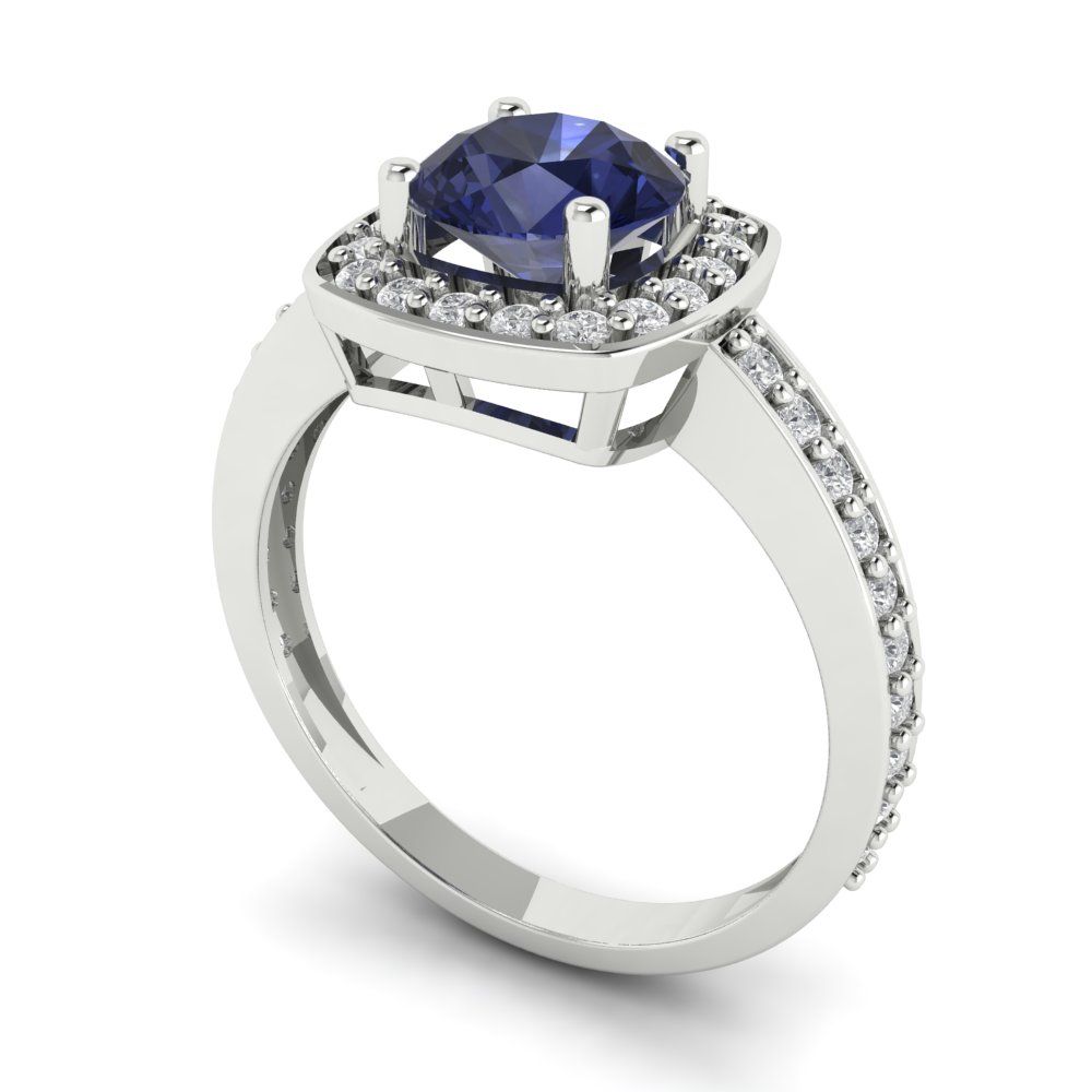 1.335 cttw Simulated Blue Sapphire Solitaire with Zirconia Simulated Diamond Accents Engagement Ring - Solid Gold (Round Cut,6.5mm)