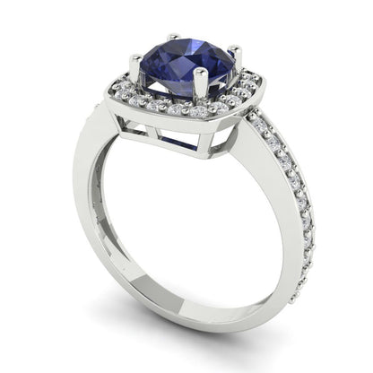 1.335 cttw Simulated Blue Sapphire Solitaire with Zirconia Simulated Diamond Accents Engagement Ring - Solid Gold (Round Cut,6.5mm)