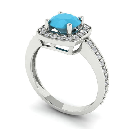 1.335 cttw Simulated Turquoise Solitaire with Zirconia Simulated Diamond Accents Engagement Ring - Solid Gold (Round Cut,6.5mm)
