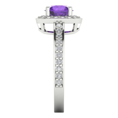 1.335 cttw Natural Amethyst Solitaire with Zirconia Simulated Diamond Accents Engagement Ring - Solid Gold (Round Cut,6.5mm)