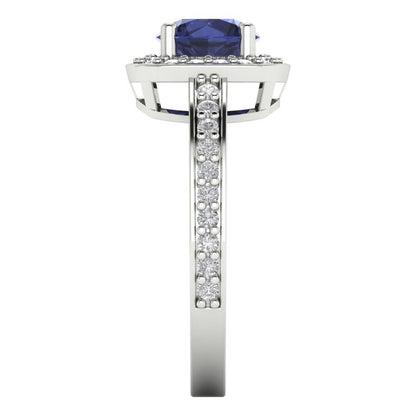 1.335 cttw Simulated Blue Sapphire Solitaire with Zirconia Simulated Diamond Accents Engagement Ring - Solid Gold (Round Cut,6.5mm)