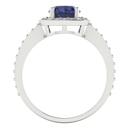 1.335 cttw Simulated Blue Sapphire Solitaire with Zirconia Simulated Diamond Accents Engagement Ring - Solid Gold (Round Cut,6.5mm)