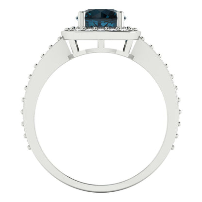 1.335 cttw Natural London Blue Topaz Solitaire with Zirconia Simulated Diamond Accents Engagement Ring - Solid Gold (Round Cut,6.5mm)