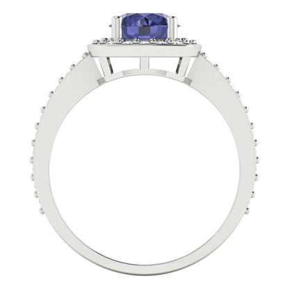 1.335 cttw Simulated Tanzanite Solitaire with Zirconia Simulated Diamond Accents Engagement Ring - Solid Gold (Round Cut,6.5mm)
