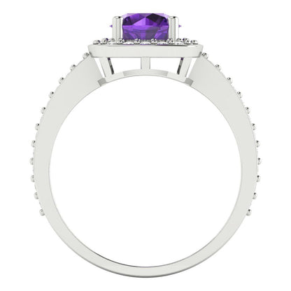 1.335 cttw Natural Amethyst Solitaire with Zirconia Simulated Diamond Accents Engagement Ring - Solid Gold (Round Cut,6.5mm)