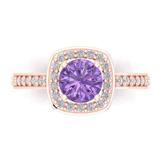 1.335 cttw Simulated Alexandrite Solitaire with Zirconia Simulated Diamond Accents Engagement Ring - Solid Rose Gold (VVS1, Round Cut,6.5mm)