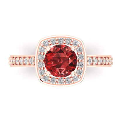 1.335 cttw Natural Garnet Solitaire with Zirconia Simulated Diamond Accents Engagement Ring - Solid Gold (Round Cut,6.5mm)
