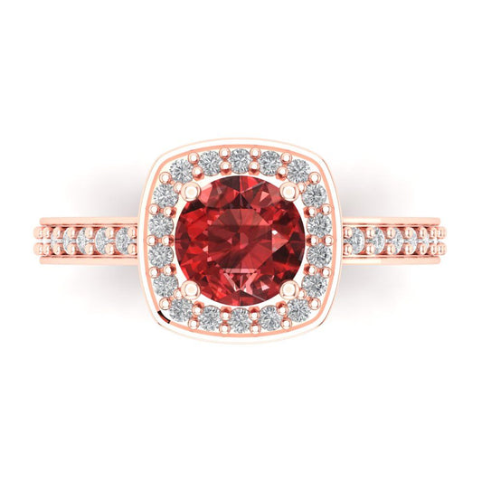 1.335 cttw Natural Garnet Solitaire with Zirconia Simulated Diamond Accents Engagement Ring - Solid Rose Gold (VVS1, Round Cut,6.5mm)