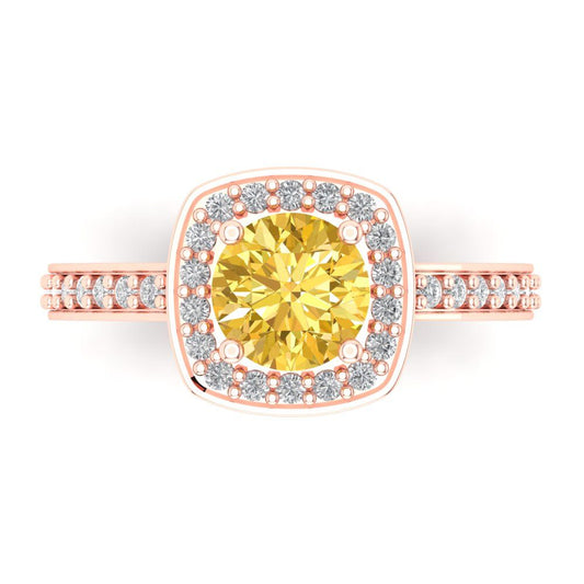 1.335 cttw Natural Citrine Solitaire with Zirconia Simulated Diamond Accents Engagement Ring - Solid Rose Gold (VVS1, Round Cut,6.5mm)