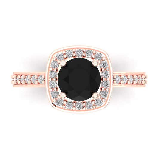 1.335 cttw Natural Onyx Solitaire with Zirconia Simulated Diamond Accents Engagement Ring - Solid Rose Gold (VVS1, Round Cut,6.5mm)