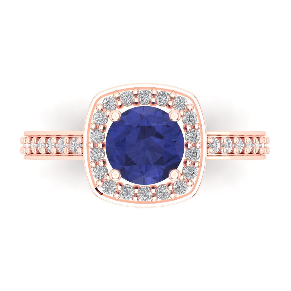 1.335 cttw Simulated Tanzanite Solitaire with Zirconia Simulated Diamond Accents Engagement Ring - Solid Rose Gold (VVS1, Round Cut,6.5mm)