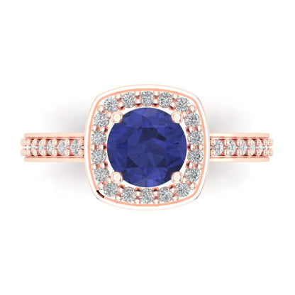 1.335 cttw Simulated Tanzanite Solitaire with Zirconia Simulated Diamond Accents Engagement Ring - Solid Rose Gold (VVS1, Round Cut,6.5mm)