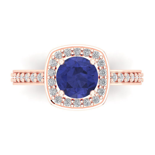 1.335 cttw Simulated Tanzanite Solitaire with Zirconia Simulated Diamond Accents Engagement Ring - Solid Rose Gold (VVS1, Round Cut,6.5mm)