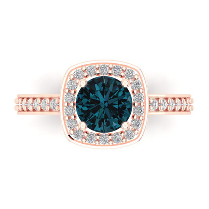 1.335 cttw Natural London Blue Topaz Solitaire with Zirconia Simulated Diamond Accents Engagement Ring - Solid Rose Gold (VVS1, Round Cut,6.5mm)