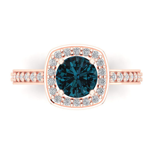 1.335 cttw Natural London Blue Topaz Solitaire with Zirconia Simulated Diamond Accents Engagement Ring - Solid Rose Gold (VVS1, Round Cut,6.5mm)