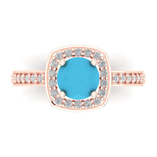1.335 cttw Simulated Turquoise Solitaire with Zirconia Simulated Diamond Accents Engagement Ring - Solid Rose Gold (VVS1, Round Cut,6.5mm)