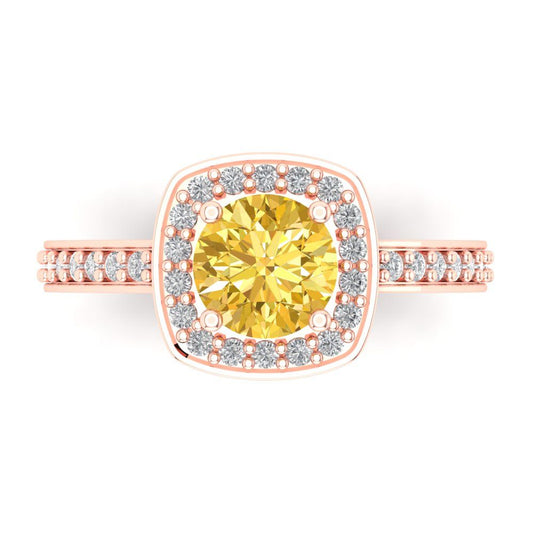 1.335 cttw Zirconia Simulated Yellow Diamond Solitaire with Zirconia Simulated Diamond Accents Engagement Ring - Solid Rose Gold (VVS1, Round Cut,6.5mm)