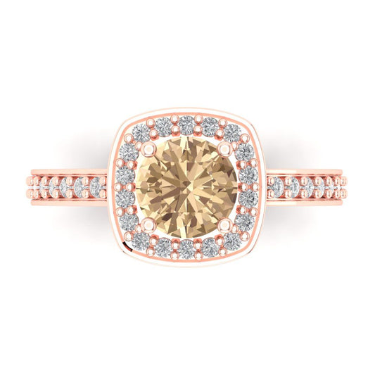 1.335 cttw Yellow Moissanite Solitaire with Zirconia Simulated Diamond Accents Engagement Ring - Solid Rose Gold (VVS1, Round Cut,6.5mm)