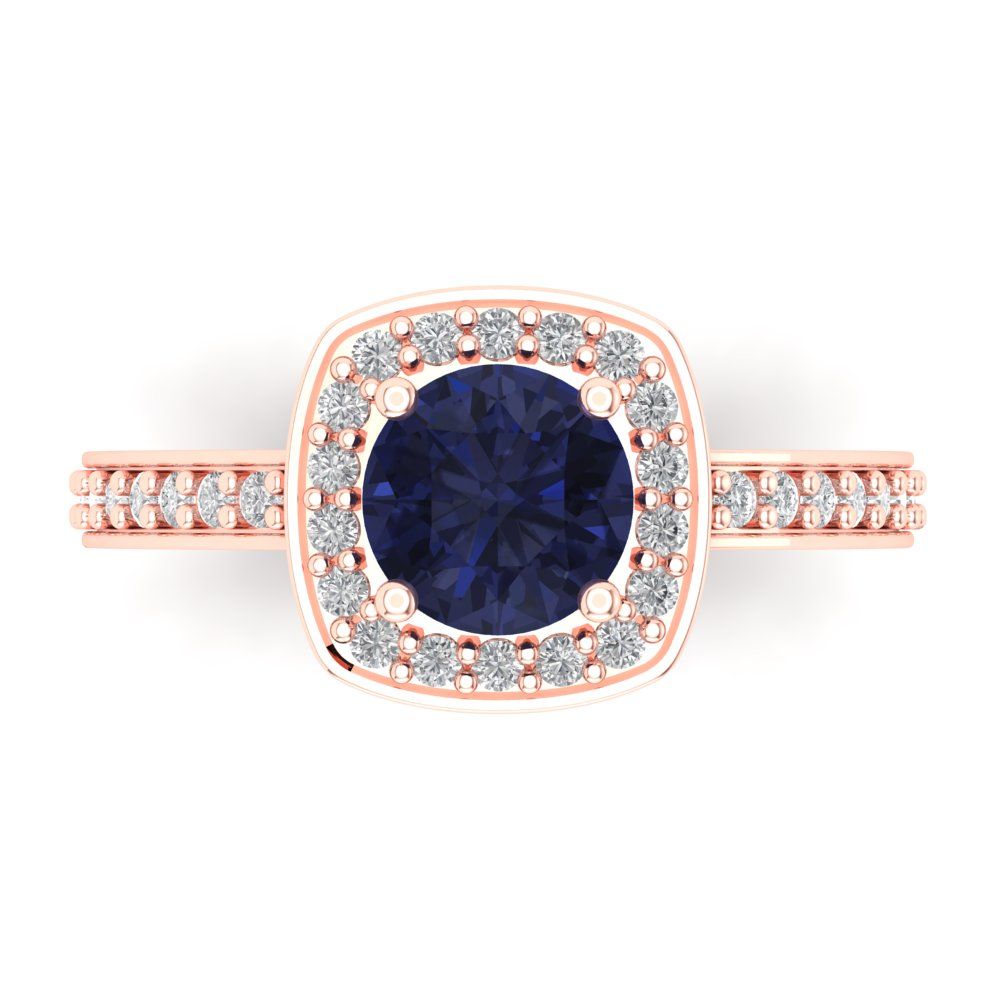 1.335 cttw Simulated Blue Sapphire Solitaire with Zirconia Simulated Diamond Accents Engagement Ring - Solid Rose Gold (VVS1, Round Cut,6.5mm)
