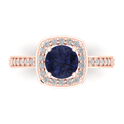 1.335 cttw Simulated Blue Sapphire Solitaire with Zirconia Simulated Diamond Accents Engagement Ring - Solid Rose Gold (VVS1, Round Cut,6.5mm)