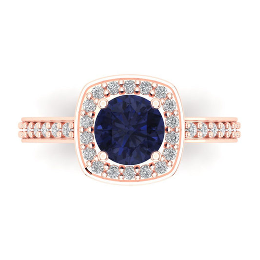 1.335 cttw Simulated Blue Sapphire Solitaire with Zirconia Simulated Diamond Accents Engagement Ring - Solid Rose Gold (VVS1, Round Cut,6.5mm)